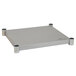 A galvanized metal undershelf with adjustable metal rods for an Eagle Group work table.