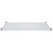 A white rectangular stainless steel undershelf with metal rods.