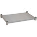 A silver rectangular stainless steel undershelf with metal legs.