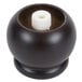 A black round object with a white cap, the Chef Specialties Duo pepper mill and salt shaker combo.