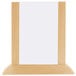 A natural wood Menu Solutions table tent with a blank white board in a wooden frame.