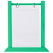 A teal wood table tent with a white paper inside and a green border.