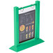 A teal wood flip top table tent with a menu inside on a table.