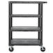 A black plastic 4 shelf serving cart with wheels.
