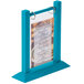 A sky blue wood flip top table tent with a menu inside.