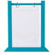 A white board with a sky blue wood frame holding white paper.