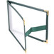 A white board with a green strap.