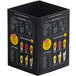 A black Menu Solutions table tent with picture corners on a table with a menu inside.