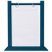 A blue rectangular wood table tent with a white border and a denim insert.