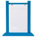 A blue rectangular Menu Solutions wood table tent with a white border.