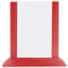 A red wooden rectangular table tent with a white border and white background.