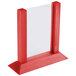 A red wooden Menu Solutions table tent with a white border.