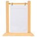 A natural wood flip top table tent with white rectangular paper inside.