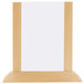 A natural wood Menu Solutions table tent with blank white inserts.