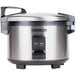 A Proctor Silex stainless steel rice cooker with a lid.