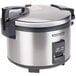 A silver and black Proctor Silex rice cooker with a lid.