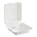 An EcoChoice white compostable bagasse takeout container with 3 compartments.