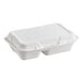 An EcoChoice white compostable sugarcane takeout container with two compartments.