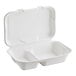 A white EcoChoice bagasse takeout container with two compartments.