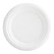A close-up of an EcoChoice white plant fiber plate with a white circle.