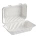 A white, rectangular, compostable plant fiber take-out container with one compartment and a hinged lid.