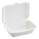 A white EcoChoice compostable bagasse take-out container with a lid.