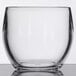A clear plastic stemless wine glass.