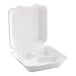 A white EcoChoice Bagasse takeout container with three compartments.