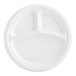An EcoChoice white plant fiber plate with three compartments.