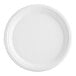 A close-up of an EcoChoice compostable white plant fiber plate.