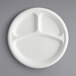 A white EcoChoice Compostable Sugarcane plate with three compartments.