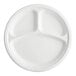 A white EcoChoice plant fiber plate with three sections.