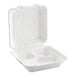 A white EcoChoice compostable bagasse takeout container with three compartments.