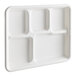 A white compostable bagasse tray with five compartments.