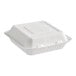 A white, square, compostable plant fiber take-out box with one compartment and a hinged lid.