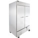 A white refrigerator with silver doors and wheels.