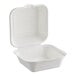 An EcoChoice white bagasse take-out container with a lid.