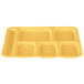 A yellow Cambro co-polymer tray with 6 compartments.