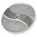 A circular metal Vollrath slicing plate with screws and a hole in the center.