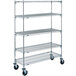 A Metro chrome wire shelving unit with rubber casters.