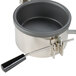A stainless steel pot with two handles.