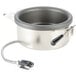 A silver stainless steel pot with a black handle.