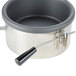 A stainless steel pot with a handle.