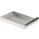 A silver rectangular metal tray with a handle.