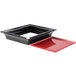A black metal frame with red and black covers.