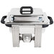 A silver and black stainless steel Vollrath Dakota chafer with a lid and handle.