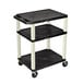 A black Luxor Tuffy AV cart with three shelves and wheels.