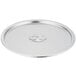A Vollrath stainless steel round stock pot cover with a handle.