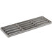 A grey metal rectangular rack with bars and holes.