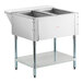A stainless steel two-pan natural gas powered hot food table with an open well and lower shelf.